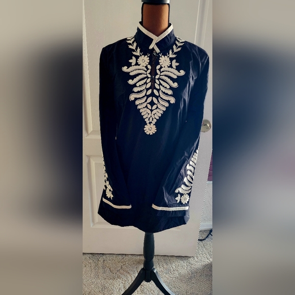 Tory Burch Black Tunic with White Embroidery and Intricate Pearl Beading 12 - Picture 2 of 6
